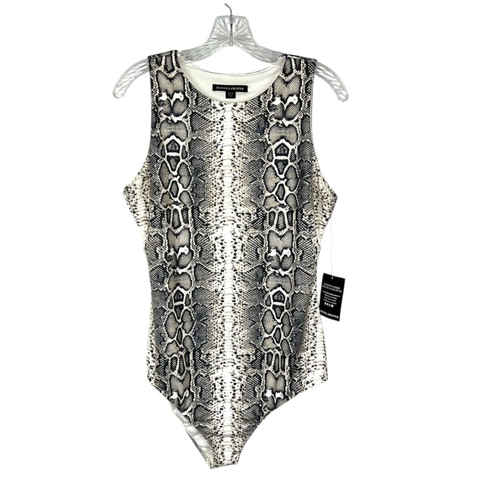 Boston Proper Womens Snakeskin Print Sleeveless Bodysuit Black White size Medium